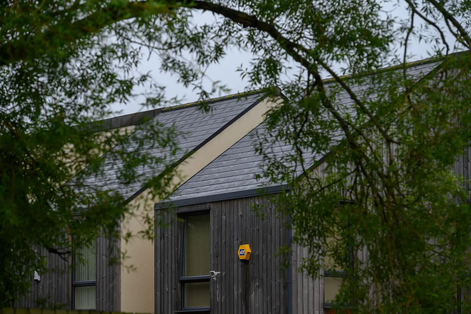 A roof of a house, viewed through the branches of a tree