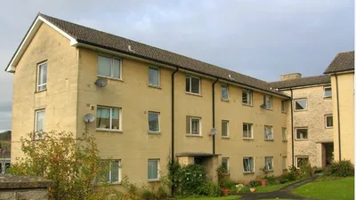Three-storey residential building at Vine Court with pale yellow brick façades, evenly spaced white-framed windows, and a pitched tiled roof, set around a small landscaped green with shrubs and a grass verge in the foreground.
