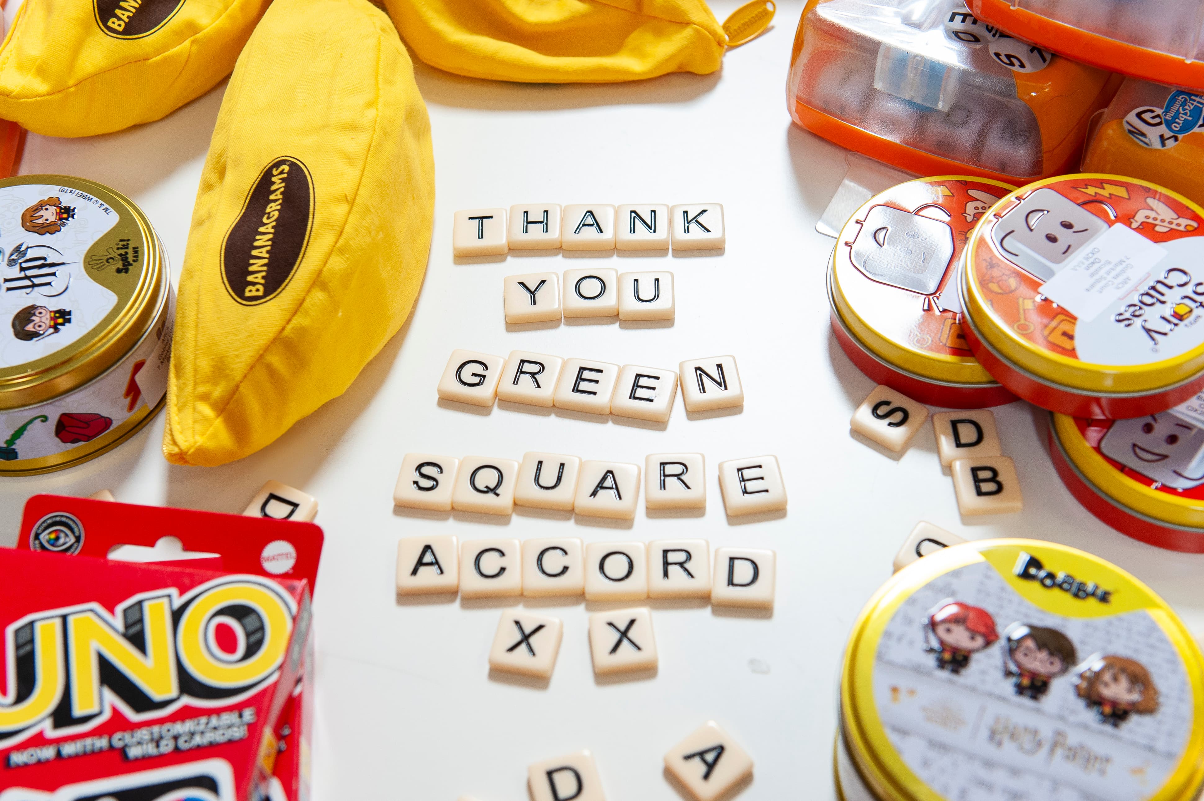 Thank you GreenSquareAccord written in scrabble pieces